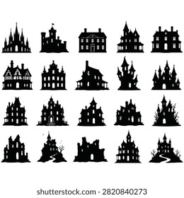 Set of architectural icons representing vintage castles mansions manor houses cathedrals and spooky residential buildings