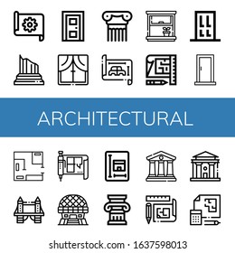Set of architectural icons. Such as Blueprint, Column, Door, Window, Tower bridge, Modern architecture, Courthouse , architectural icons