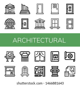 Set of architectural icons such as Courthouse, Modern architecture, Column, Door, Window, Drawing table, Blueprint , architectural