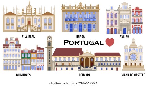 Set of Architectural landmarks of Portuguese European cities of Vila Real, BRAGA, Guimaraes, Coimbra, Viana do Castelo, Aveiro, flat illustrations for banners, souvenir cards, print on mugs plates.