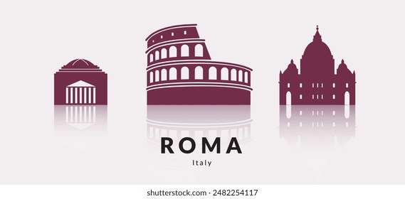 Set of architectural landmarks of Roma, Italy 