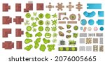 Set of Architectural and Landscape elements top view. Collection of houses, plants, garden, trees, swimming pools, outdoor wooden furniture, tile. Flat vector. Tables, benches, chairs. View from above