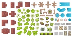 Set Of Architectural And Landscape Elements Top View. Collection Of Houses, Plants, Garden, Trees, Swimming Pools, Outdoor Wooden Furniture, Tile. Flat Vector. Tables, Benches, Chairs. View From Above