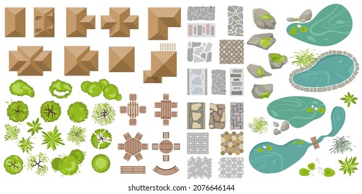 Set of Architectural and Landscape elements top view. Collection of houses, garden plants, trees, ponds, outdoor furniture, footpath tile, table, benches, chair for landscape design. Vector View above