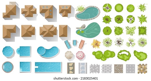 Set Architectural and Landscape elements top view for city map. Collection of houses, garden plants, trees, ponds, outdoor furniture, footpath tile, bushes for landscape design. Vector. View above