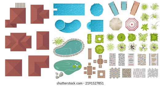 Set of Architectural and Landscape elements top view. Collection of houses, plants, garden, trees, swimming pool, outdoor furniture, pond, tile. Flat vector. Tables, benches, chairs. View from above