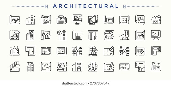 Satz des Architekturzeilensymbols Mit Blaupause, Haus, Messung, Ingenieur, Plan, Projekt, Engineering und mehr. Minimalistische Symbolsammlung. Symbolsatz für Techniker. Vektorgrafik-Kollektionen.