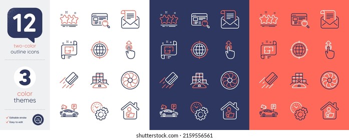 Set of Architectural plan, Parking security and Time management line icons. Include Swipe up, Mail newsletter, Inventory icons. Stars, Credit card, Website search web elements. Vector