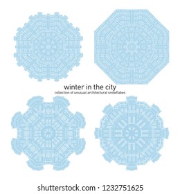 Set of architectural snowflake circular decor. New year`s round ornament decorated with building fasade. Design with city motif, architectural theme,  Good for Christmas card background. Monochrome