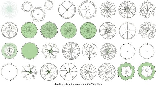 Conjunto de símbolos de vista superior de árvore arquitetônica para renderização de plano mestre, ícones de vegetação desenhados à mão com acentos verdes para design de paisagem e planejamento do site..eps