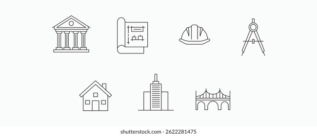 Set of architecture and construction icons including buildings, blueprints, helmet, compass, house, skyscraper, and bridge, perfect for engineering, design, or construction projects.