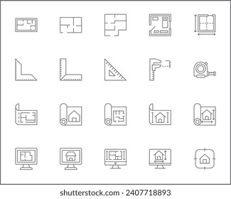 Conjunto de estilos de línea de iconos de arquitectura y construcción. Contiene íconos como el interior, el inmobiliario, la construcción, la casa, los planos, el diseño, la construcción, la herramienta y otros elementos.