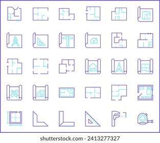 Satz von Architektur- und Konstruktionssymbole Zeilenstil. Es enthält Symbole wie Inneneinrichtung, Immobilien, Gebäude, Haus, Pläne, Design, Bau, Werkzeug und andere Elemente.