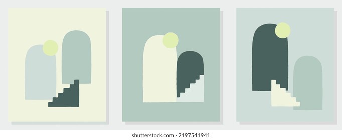 Un conjunto de diseños arquitectónicos en crema, azul, amarillo y verde.
