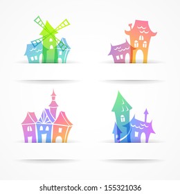 Set of  architecture elements: houses, tower, mill
