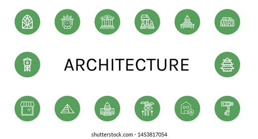 Set of architecture icons such as Stained glass window, Statue of liberty, Courthouse, Ruined, Government, Stonehenge, Shop, Pyramids, White house, Las vegas, Clean house , architecture
