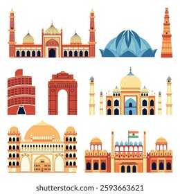 Set of architecture, landmarks, touristic attractions and popular buildings of India. Collection of Indian architectural symbols, monuments and historical buildings colorful illustration.