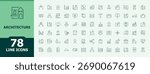 Set of Architecture line icon. Contain linear sign plan, house, architectural, drawing, home, measurement and more. Thin icons set. Architecture line icon set. Editable vector.