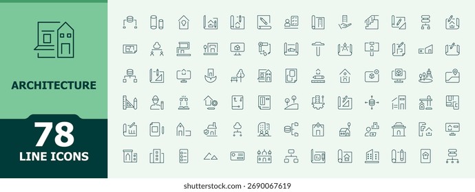 Conjunto de ícone de linha Arquitetura. Conter plano de sinal linear, casa, arquitetural, desenho, casa, medição e muito mais. Ícones finos definidos. Conjunto de ícones de linha de arquitetura. Vetor editável.
