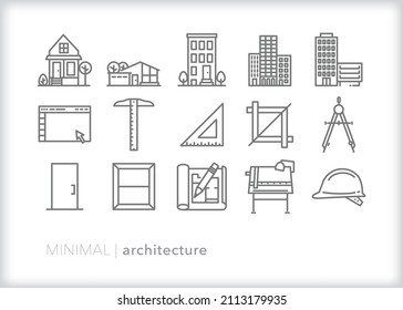 Set of architecture line icons of the tools an architect would use to design and build residential and commercial buildings