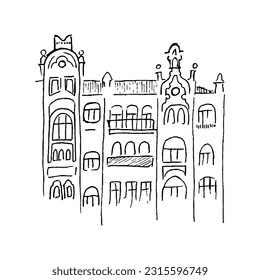 Set of architecture Minimal style church and house  stilization line graphics elements outline symbol for landscape design drawing. Vector illustration isolated on white background
