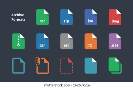 Set of Archive File Formats and Labels icons. Vector illustration.