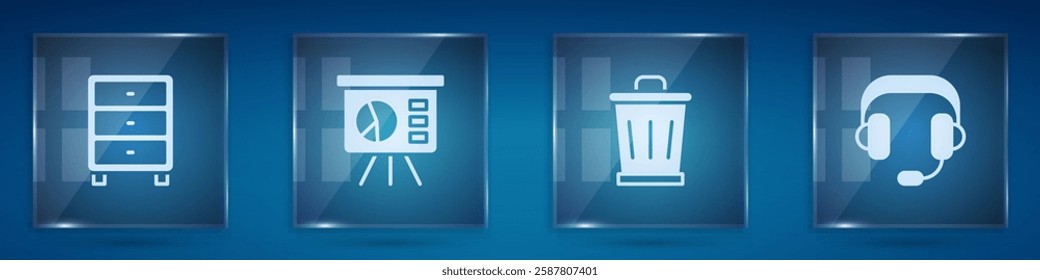 Set Archive papers drawer, Board with graph, Trash can and Headphones. Square glass panels. Vector