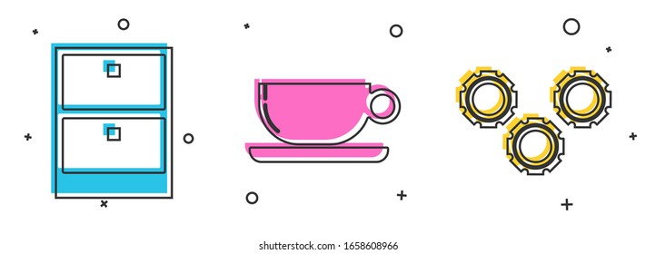 Set Archive papers drawer, Coffee cup flat and Gear icon. Vector