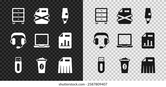 Set Archive papers drawer, Delete file document, Marker pen, USB flash drive, Coffee cup to go, Paper shredder, Headphones and Laptop icon. Vector
