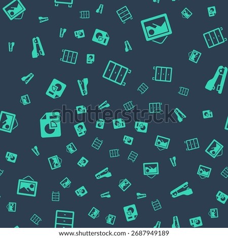 Set Archive papers drawer, Picture landscape, Document with graph chart and Stapler on seamless pattern. Vector