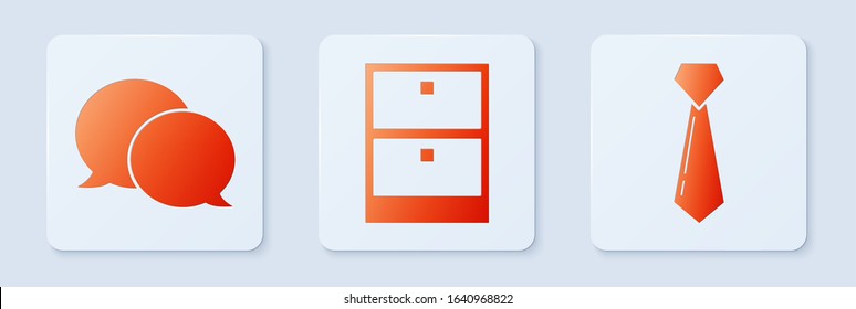 Set Archive papers drawer, Speech bubble chat and Tie. White square button. Vector