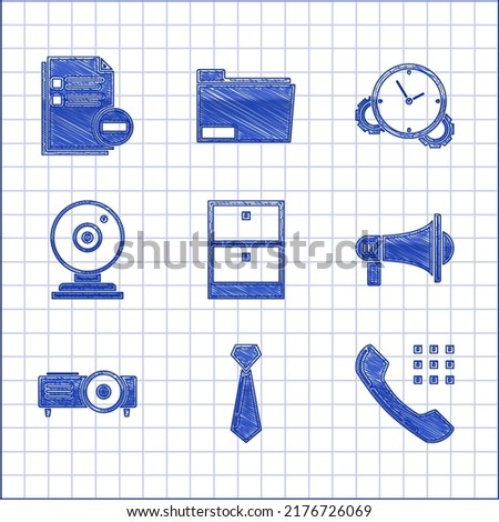 Set Archive papers drawer, Tie, Telephone handset, Megaphone, Presentation, movie, film, media projector, Web camera, Time Management and Document with minus icon. Vector