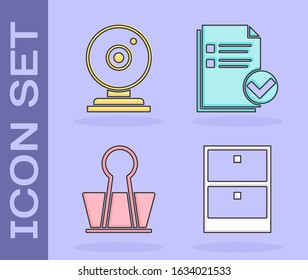 Set Archive papers drawer, Web camera, Binder clip and Document and check mark icon. Vector
