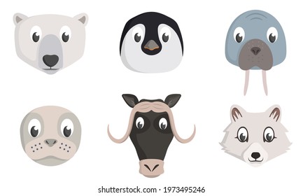 Set of arctic animal heads. Wildlife inhabitants in cartoon style.