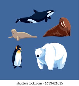 set of arctic animals in a blue background vector illustration design
