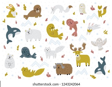 Set of arctic animals. Cute hand-drawn characters. Childish vector illustrations.