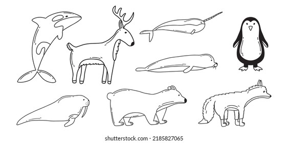 Set of arctic animals. Doodle style. Vector illustration. Cute narwhal, reindeer, polar bear, seal and walrus.