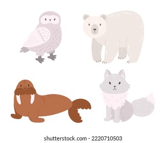 Conjunto de búho de animales del Ártico, oso polar, Walrus, zorro ártico aislado de fondo blanco. Criaturas del Polo Norte salvaje, personajes animales bonitos y divertidos en el zoológico o la naturaleza. Ilustración del vector de dibujos animados