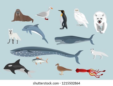 Set of Arctic animals waterfowl, birds and living on the ground