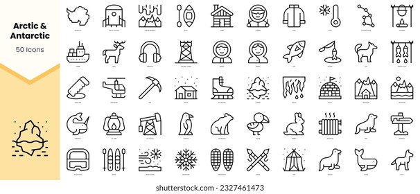 Set of arctic and antarctic Icons. Simple line art style icons pack. Vector illustration