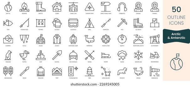 Set of arctic and antarctic icons. Thin linear style icons Pack. Vector Illustration