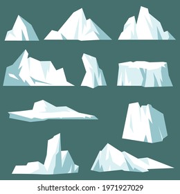 Set of arctic icebergs cartoon vector illustration. Crystal icy and snowy mountains floating in Arctic Ocean. Nature, landscape, ice, winter and cold concept for banner design or landing page