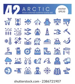 Set of Arctic icons. Blue colored outline style icon bundle. Vector Illustration