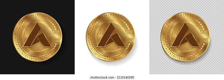 Set of Ardor ARDR crypto currency logo symbol vector isolated on white, dark and transparent background. Can be used as golden coin sticker, icon, label, badge, print design and emblem