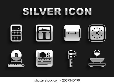 Set Area measurement, Clock, Scales, Calliper or caliper and scale, Diameter, Calculator and Bathroom scales icon. Vector