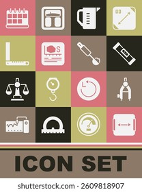Set Area measurement, Drawing compass, Construction bubble level, Measuring cup, Corner ruler, Calendar and spoon icon. Vector