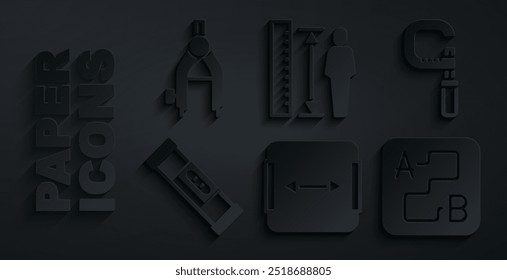 Set Flächenmessung, Mikrometer, Baublasenniveau, Routenposition, Höhenmesskörper und Kompasssymbol zeichnen. Vektorgrafik