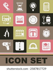 Set Area measurement, Stopwatch, Scale with suitcase, Pressure water meter, Graph, schedule, chart, diagram, Multimeter, voltmeter, Measuring tape and Radius icon. Vector
