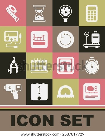 Set Area measurement, Stopwatch, Scale with suitcase, Pressure water meter, Graph, schedule, chart, diagram, Multimeter, voltmeter, Measuring tape and Radius icon. Vector