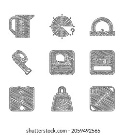 Establecer la medida del área, el peso, la medición diagonal, el gráfico, el gráfico, el diagrama, la profundidad, la cinta de medida, el tractor y el icono de la taza. Vector